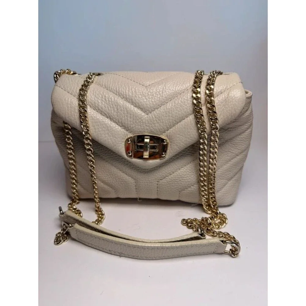 Divina Firenze Italian Genuine Leather Chevron Quilted Crossbody Bag - Beige